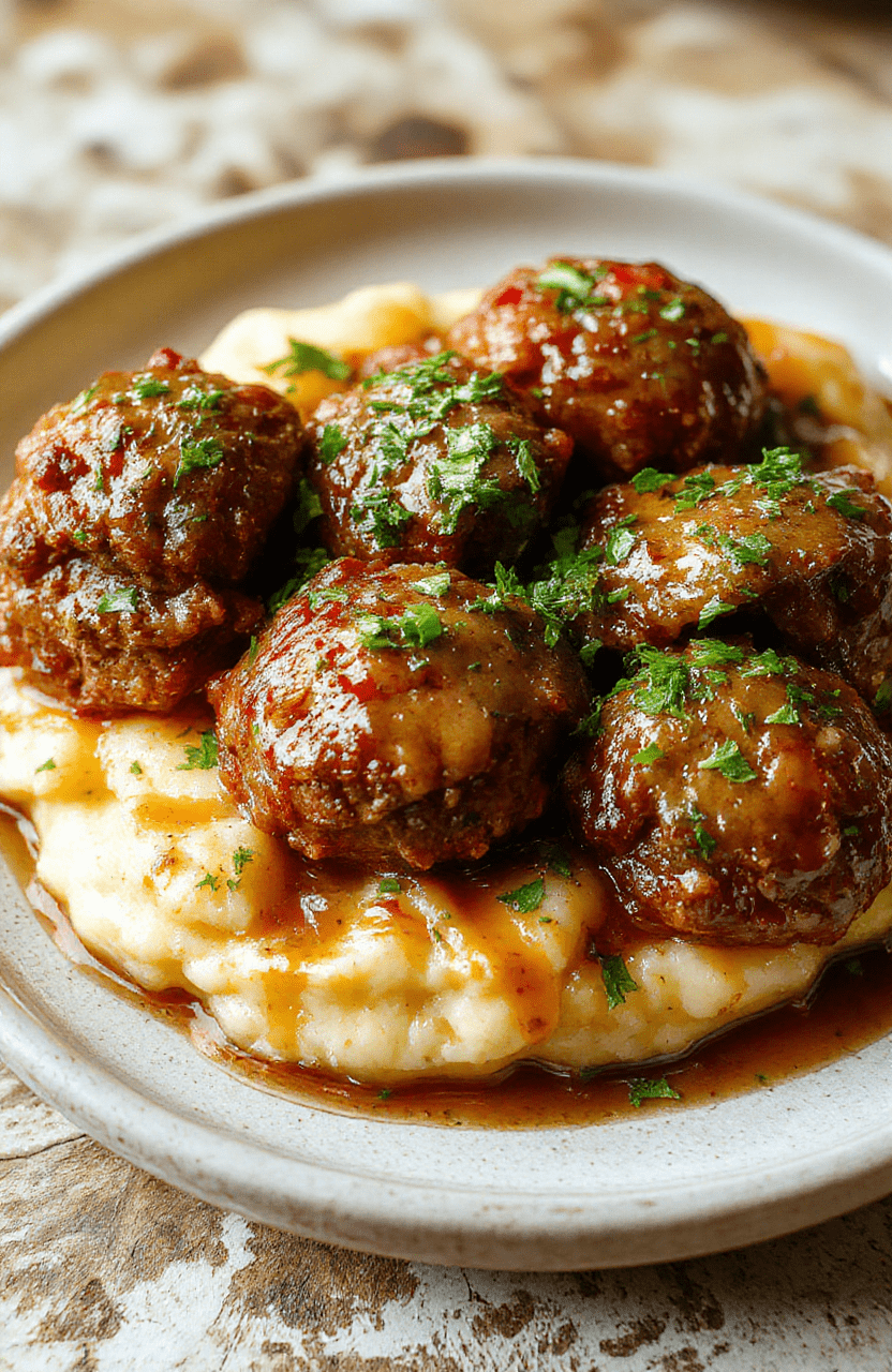 A rustic plate showcasing juicy Salisbury steak meatballs topped with rich gravy, paired with creamy garlic herb mashed potatoes, garnished with fresh herbs, on a wooden table with warm lighting, rustic dishes, and textured backgrounds.