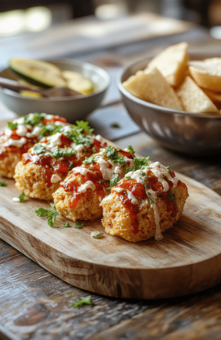 Colorful plate of golden taco ranch bites with crispy edges, topped with fresh chopped cilantro and a drizzle of ranch dressing, arranged neatly on a rustic wooden board with vibrant dipping sauces around.