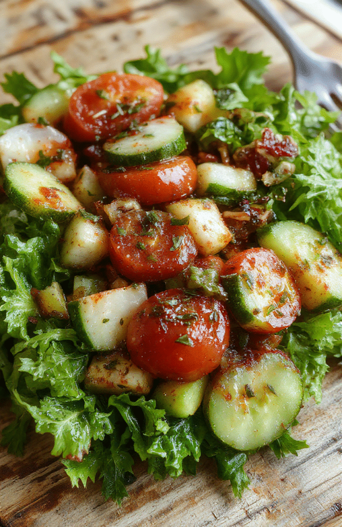 A vibrant Mediterranean salad featuring chopped cucumber, ripe tomatoes, and sliced onions arranged on a white plate. The salad is garnished with fresh herbs and a drizzle of olive oil, showcasing bright green, red, and purple colors, with a textured mix of crunchy cucumbers and juicy tomatoes. The presentation is simple yet appealing, styled on a rustic wooden table with natural lighting highlighting the freshness and textures.