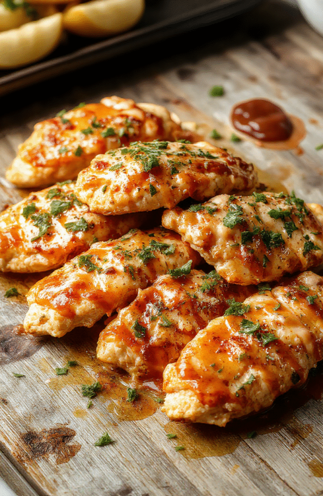 Colorful chicken strips coated in a crispy golden-brown crust, drizzled with spicy buffalo sauce and creamy ranch dressing, arranged on a rustic plate with fresh parsley and celery sticks, textures crispy and tender, vibrant reds, greens, and browns.