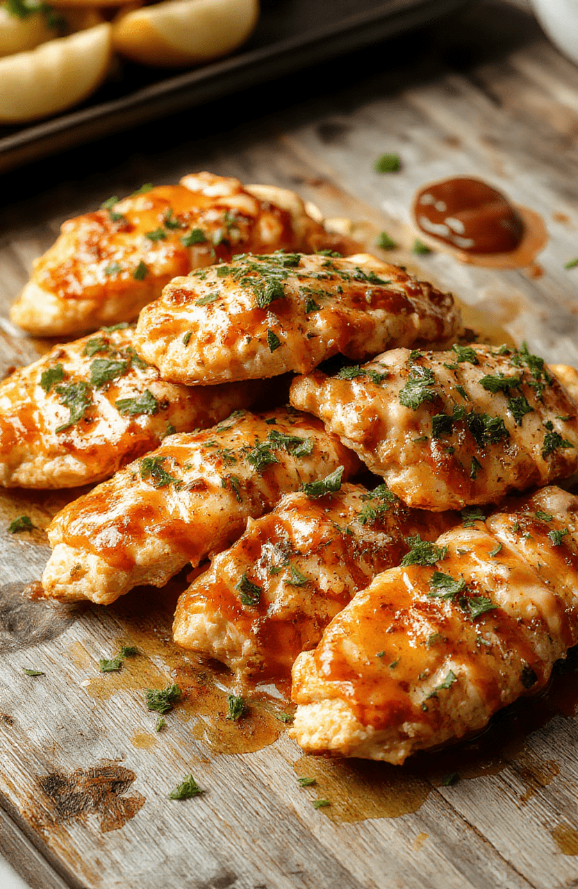 Colorful chicken strips coated in a crispy golden-brown crust, drizzled with spicy buffalo sauce and creamy ranch dressing, arranged on a rustic plate with fresh parsley and celery sticks, textures crispy and tender, vibrant reds, greens, and browns.