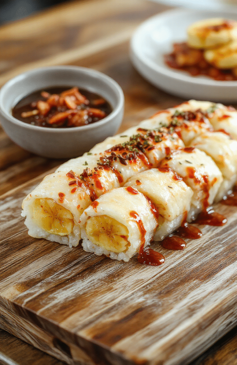 Colorful banana sushi rolls arranged on a white plate, featuring ripe banana slices wrapped in vibrant colorful fruit leathers, garnished with sesame seeds and served with fresh strawberries and blueberries on a rustic wooden table, showcasing a fun, healthy, and appealing snack for kids.