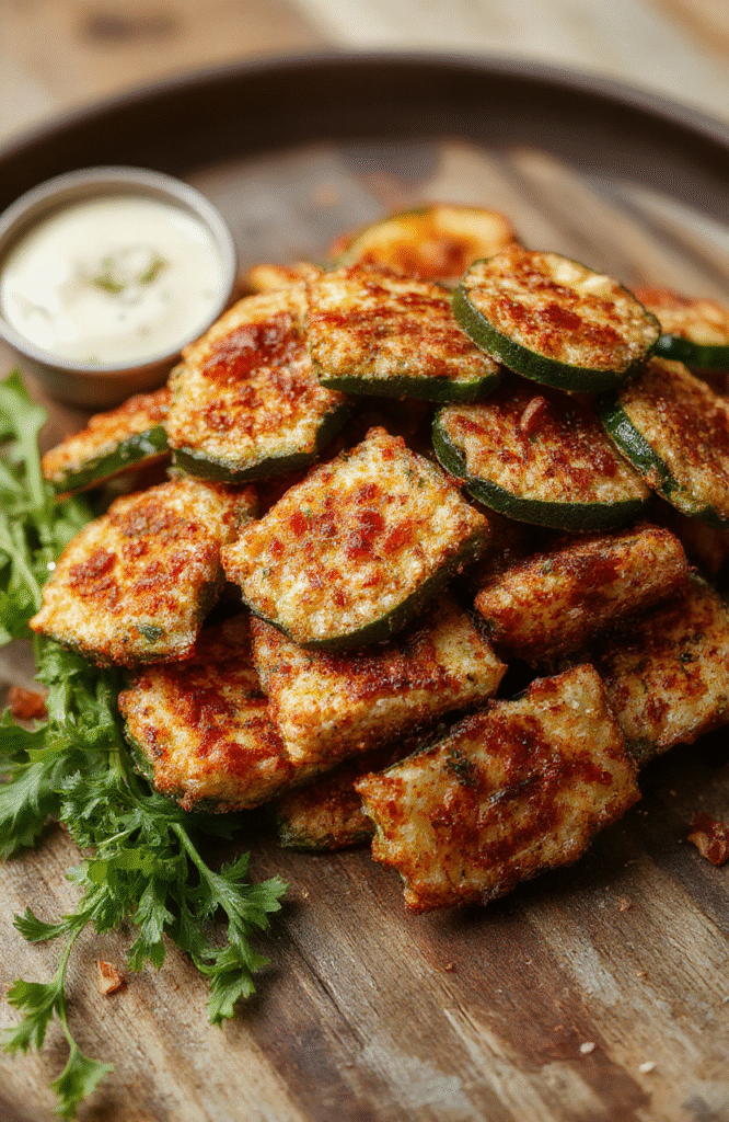 Colorful crispy zucchini fries arranged on a white plate with a golden-brown exterior, accompanied by a small bowl of dipping sauce. The fries are set against a rustic wooden surface, highlighting their crunchy texture and vibrant green color, styled simply to emphasize freshness and healthiness.