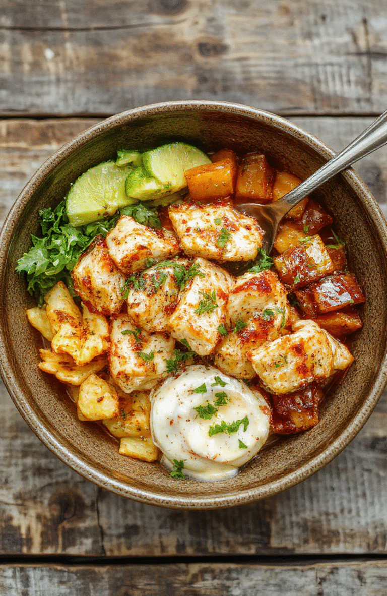 A vibrant Mediterranean chicken bowl featuring grilled chicken slices, cherry tomatoes, cucumber slices, olives, and feta cheese arranged on a white ceramic plate. The dish is topped with fresh herbs and drizzled with olive oil, showcasing bright colors, fresh ingredients, and appetizing textures. The presentation is casual and inviting, with a light background emphasizing the colorful ingredients.