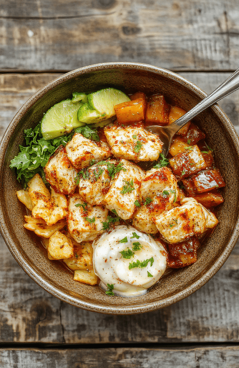 A vibrant Mediterranean chicken bowl featuring grilled chicken slices, cherry tomatoes, cucumber slices, olives, and feta cheese arranged on a white ceramic plate. The dish is topped with fresh herbs and drizzled with olive oil, showcasing bright colors, fresh ingredients, and appetizing textures. The presentation is casual and inviting, with a light background emphasizing the colorful ingredients.