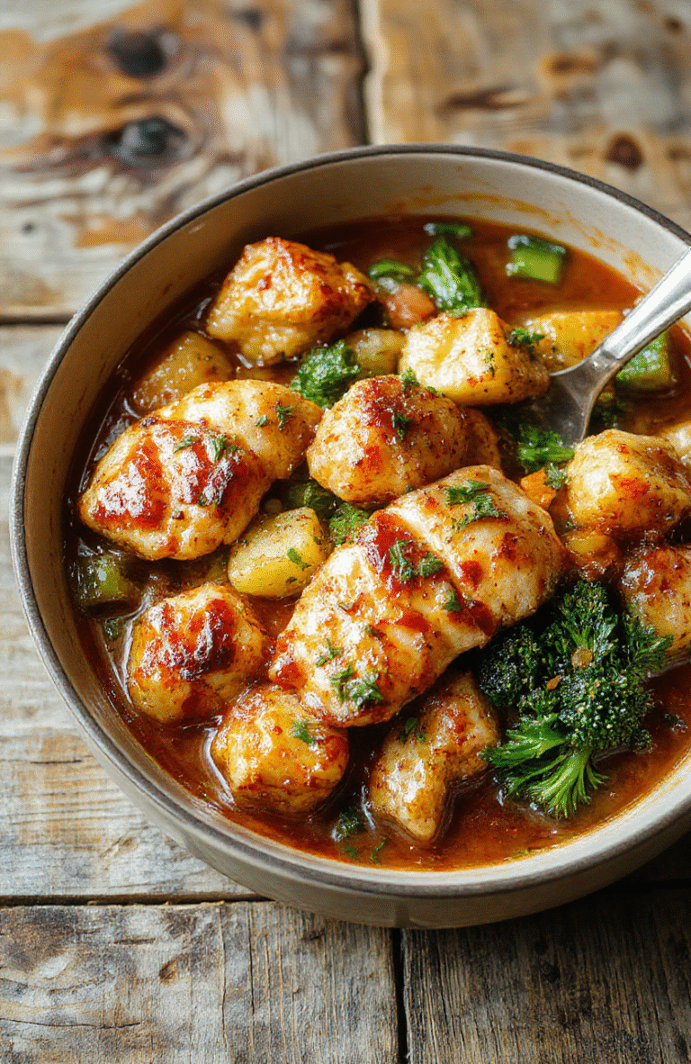 Colorful one-pot chicken and vegetables served in a rustic white bowl on a wooden table. The dish features golden-brown chicken pieces, vibrant carrots, green beans, and cherry tomatoes, all coated in a savory sauce. The textures look tender and juicy, with a fresh and hearty presentation suitable for a quick weeknight meal.