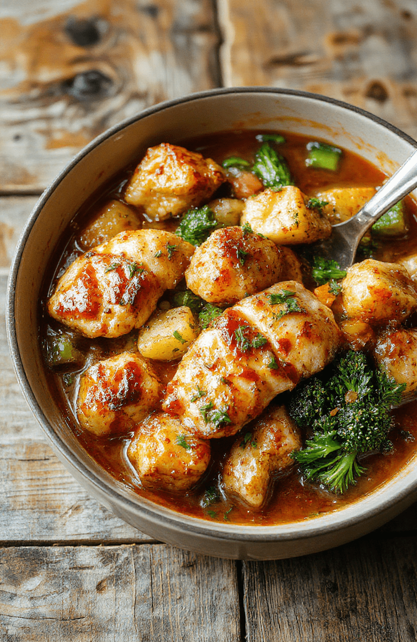 Colorful one-pot chicken and vegetables served in a rustic white bowl on a wooden table. The dish features golden-brown chicken pieces, vibrant carrots, green beans, and cherry tomatoes, all coated in a savory sauce. The textures look tender and juicy, with a fresh and hearty presentation suitable for a quick weeknight meal.
