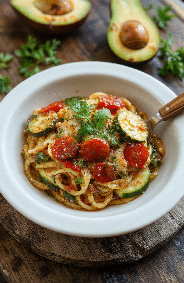 A vibrant plate of vegetarian tomato zucchini pasta showcasing glossy cherry tomatoes, tender zucchini ribbons, and fresh basil leaves on a rustic white plate, with a light drizzle of olive oil, set against a wooden table background, styled simply to highlight the colorful ingredients, textures of soft pasta and juicy tomatoes.