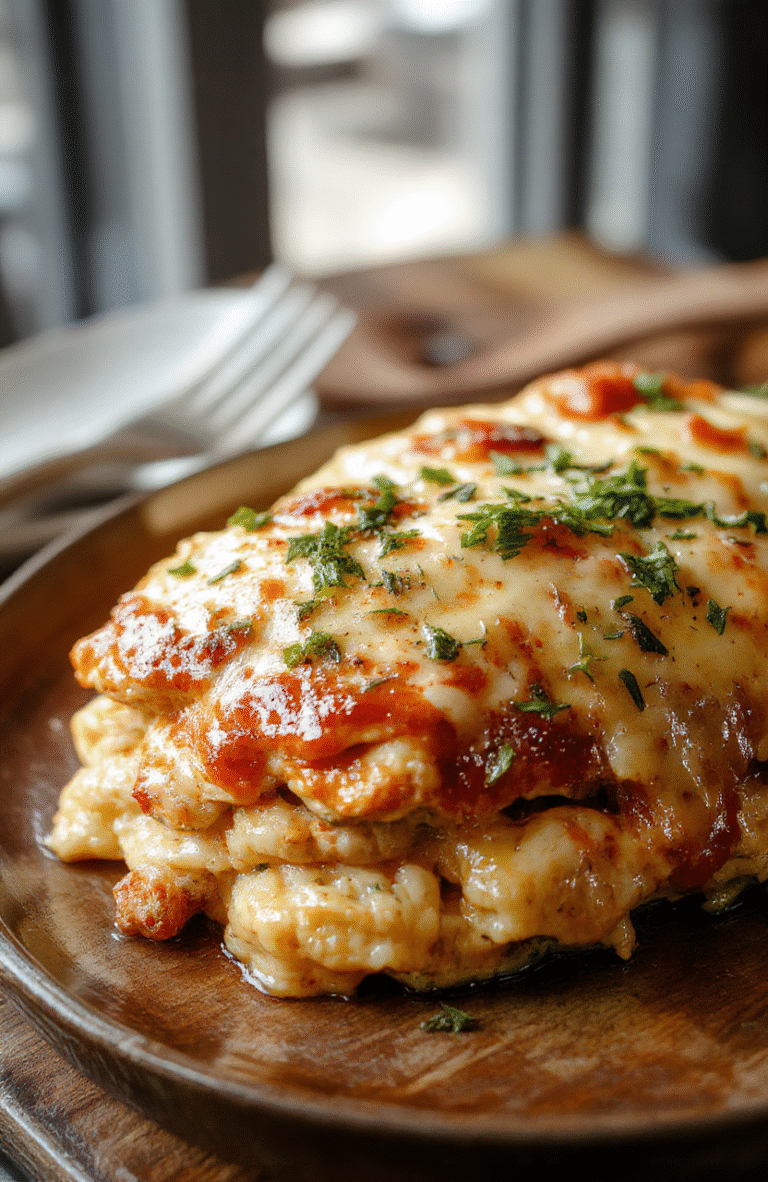A vibrant chicken parmesan casserole in a white baking dish topped with melted cheese and fresh basil, served alongside crispy bread crumbs, with a golden-brown crust and steam rising, styled on a rustic wooden table with garnishes of parsley and sliced tomatoes