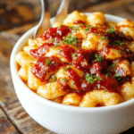 A vibrant plate of macaroni layered with melt-in-your-mouth cheese, topped with grilled honey BBQ chicken pieces and a drizzle of barbecue sauce, garnished with fresh herbs. The dish has a creamy, cheesy texture contrasted with crispy chicken, set on a rustic wooden table with a side of sliced bread and a small bowl of extra sauce, styled for a cozy yet appetizing presentation.