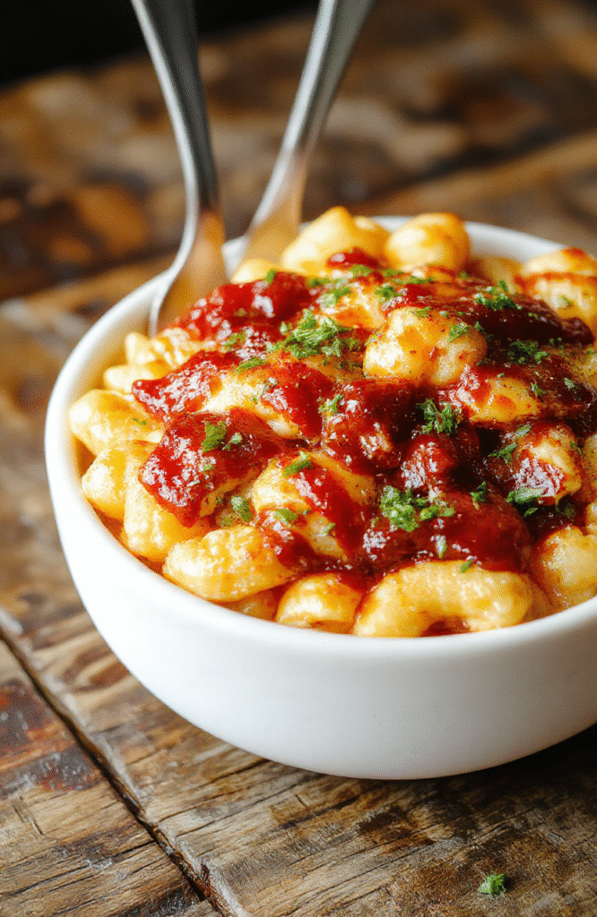 A vibrant plate of macaroni layered with melt-in-your-mouth cheese, topped with grilled honey BBQ chicken pieces and a drizzle of barbecue sauce, garnished with fresh herbs. The dish has a creamy, cheesy texture contrasted with crispy chicken, set on a rustic wooden table with a side of sliced bread and a small bowl of extra sauce, styled for a cozy yet appetizing presentation.