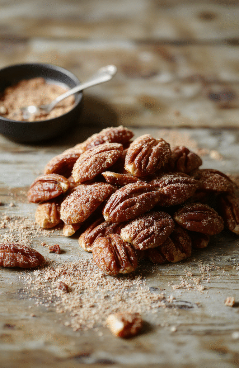 A close-up of glazed cinnamon sugar pecans arranged on a rustic wooden surface with a few pecans scattered around, highlighting their glossy coated surface, golden-brown color, and crunchy texture, with cinnamon sprinkled over them and soft natural light emphasizing their warm tones.