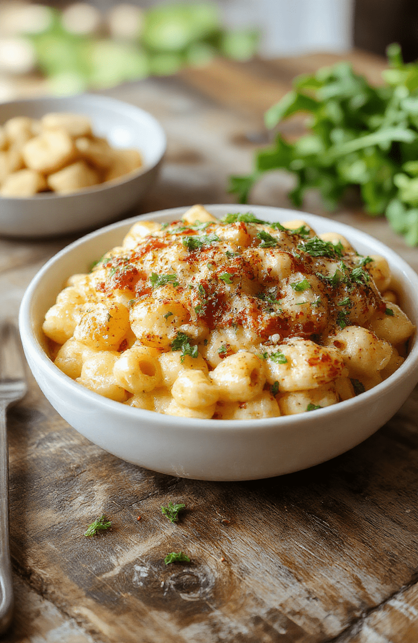 A vibrant plate of honey pepper chicken mac and cheese featuring golden-brown crispy chicken pieces topped with a drizzle of honey and sprinkled with freshly cracked black pepper. The creamy cheese sauce coats the tender pasta, garnished with chopped herbs and colorful pepper slices. The dish is styled simply on a rustic wooden board, with a fork resting beside it, conveying a warm, comforting vibe with inviting textures and rich colors.