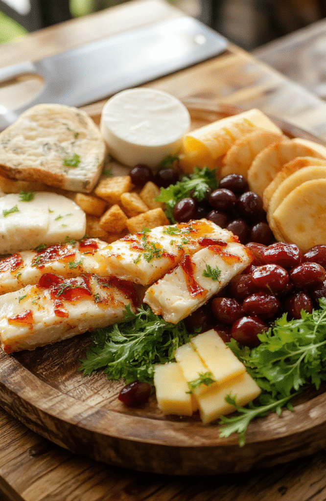 A vibrant and colorful kid-friendly summer cheese board featuring an assortment of sliced cheeses, fresh fruits, crunchy veggies, colorful crackers, and playful garnishes arranged invitingly on a rustic wooden platter, with a sunny outdoor setting and playful holiday-themed decorations.