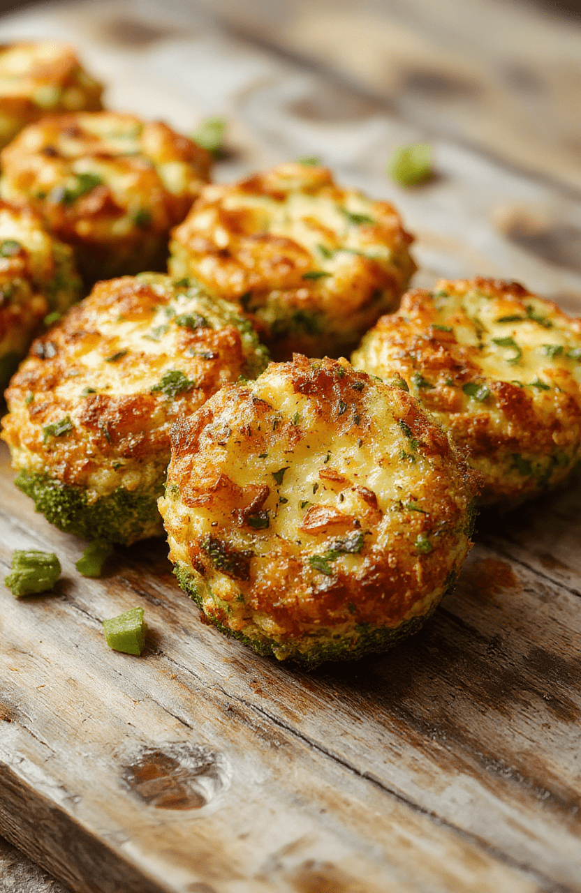 A plate of golden-brown crispy broccoli cheese rounds with vibrant green broccoli florets visible inside, arranged neatly on a rustic wooden surface, with a light sprinkle of herbs on top. The rounds have a crispy textured exterior and a cheesy, inviting interior, styled with a few fresh broccoli buds around for garnish, capturing a wholesome, appetizing look.