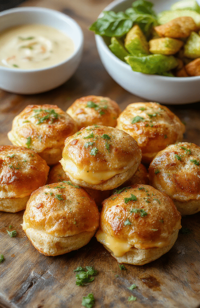 Golden brown mini grilled cheese sandwiches made with Hawaiian rolls, melted cheese oozing out, stacked neatly on a rustic wooden surface with fresh herbs, glossy finish, inviting and appetizing presentation, textures of crispy bread and gooey cheese highlighted.