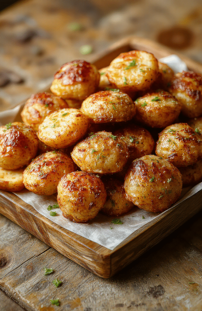 A vibrant plate of golden, crispy mini potato bites garnished with fresh herbs on a rustic wooden table, showcasing textured, bite-sized potatoes with a slight sheen from oil, styled simply for an inviting presentation.