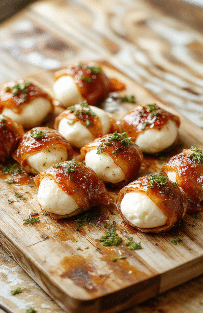 Golden brown prosciutto-wrapped mozzarella bites arranged on a white plate with fresh basil garnish, highlighting crispy edges and melty cheese inside, styled with a rustic wooden background and natural light.