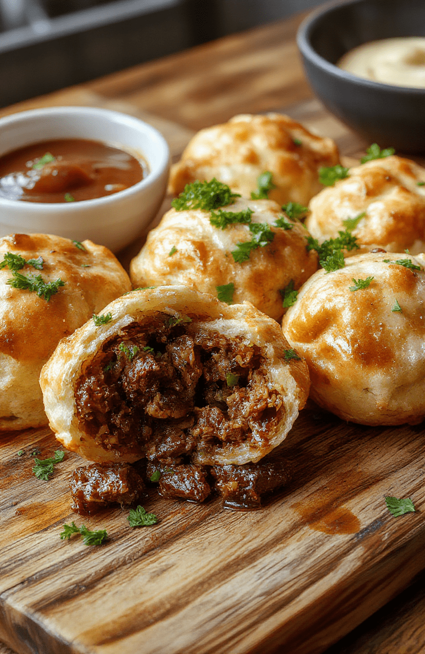 Golden brown pulled beef pastry puffs arranged on a rustic wooden platter, flaky textures visible, tender beef inside, vibrant green herbs sprinkled on top, styled with a casual fall-themed background, appealing and inviting visual.
