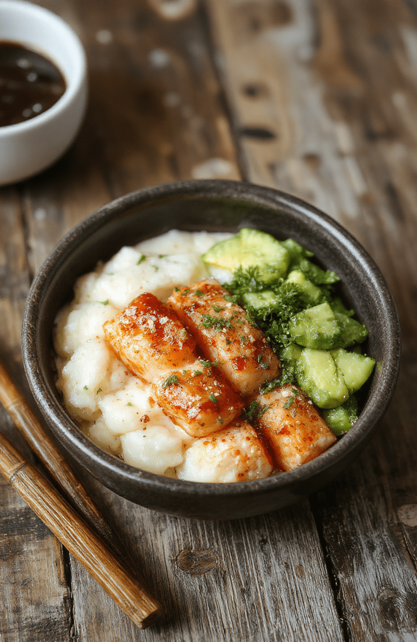 Colorful bowl featuring golden-brown air fried teriyaki salmon bites atop fluffy white rice, garnished with bright green scallions and sesame seeds, with a glossy teriyaki glaze highlighting the crispy texture of the salmon, styled simply on a rustic wooden table