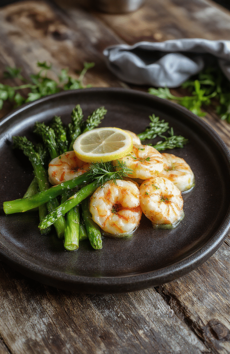 A vibrant plate of lemon garlic shrimp and tender asparagus spears, garnished with fresh herbs, served on a sleek white dish with a light lemon zest drizzle, showcasing a shiny, juicy shrimp and crisp green asparagus against a clean, neutral background.