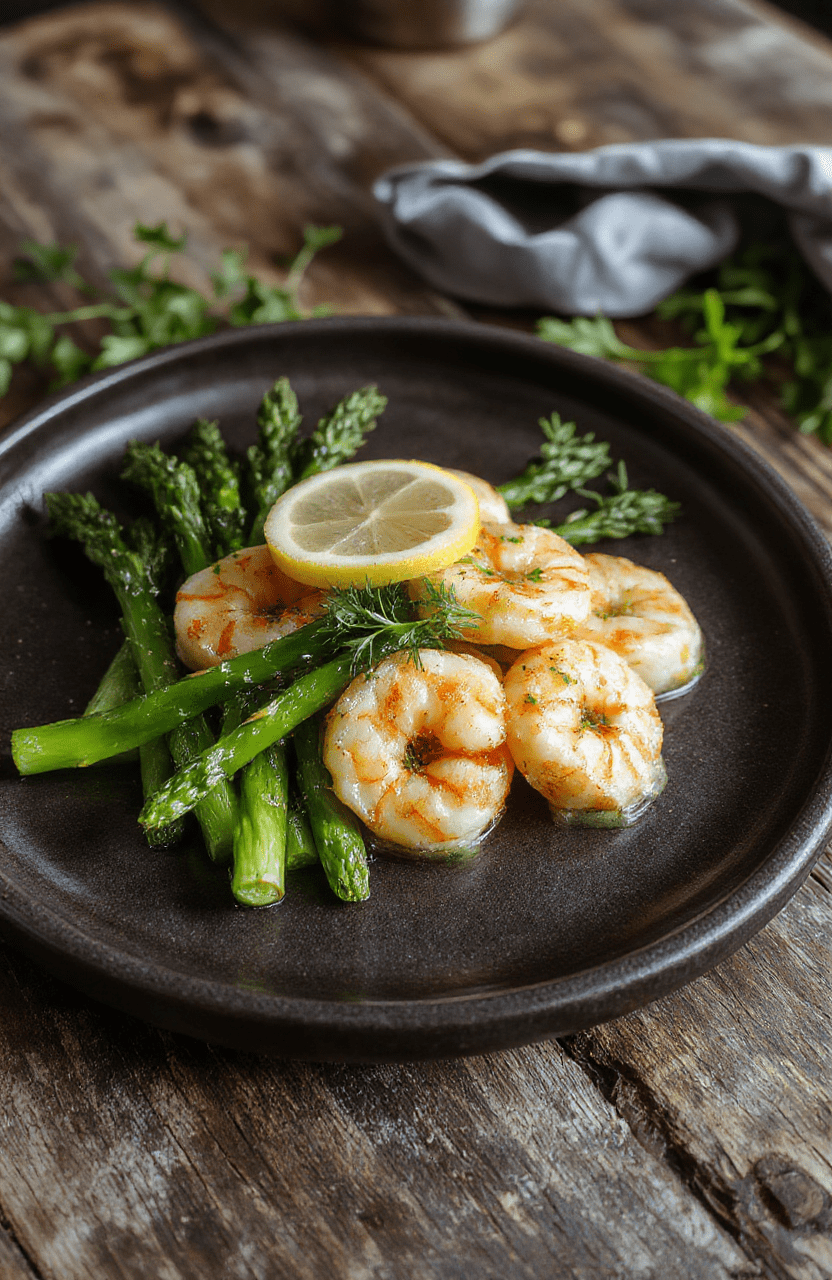 A vibrant plate of lemon garlic shrimp and tender asparagus spears, garnished with fresh herbs, served on a sleek white dish with a light lemon zest drizzle, showcasing a shiny, juicy shrimp and crisp green asparagus against a clean, neutral background.