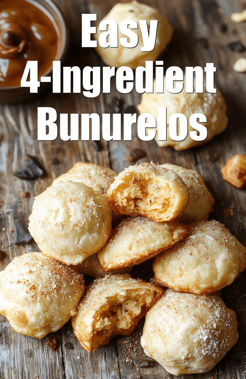 Golden brown bunuelos arranged on a white plate, dusted with powdered sugar, with a crispy texture and fluffy interior, styled with a rustic wooden background and warm lighting that accentuates their homemade appeal.