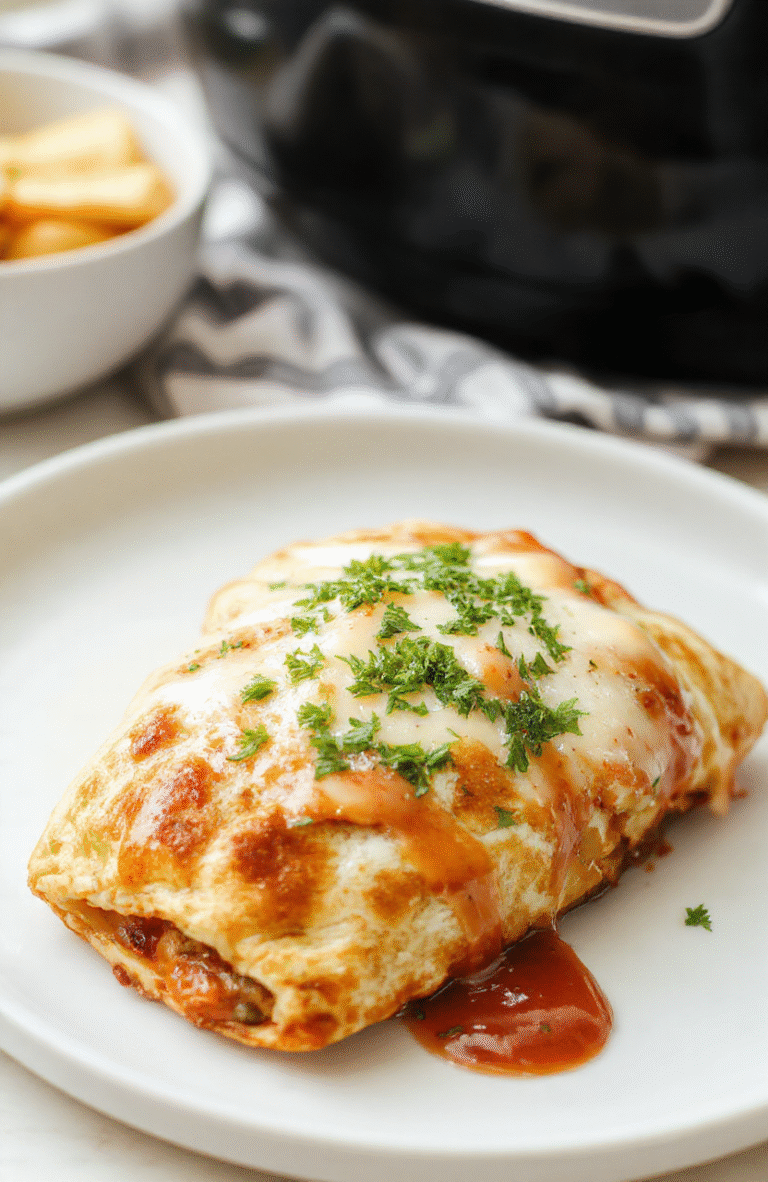 Golden brown air fryer calzones arranged on a clean white plate, with melted cheese oozing from each fold. The calzones are crispy with a flaky texture, topped with fresh chopped herbs. Bright natural daylight highlights their warm, inviting appearance, with a subtle background blur emphasizing the crispy exterior and tempting filling.