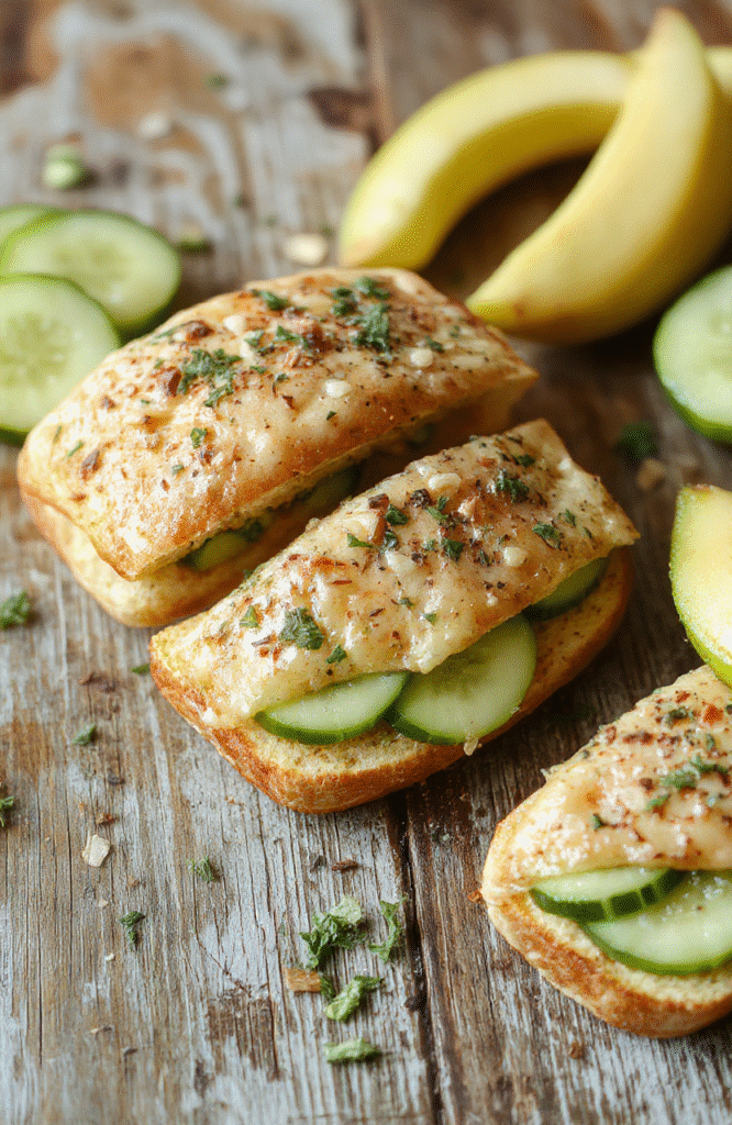 A vibrant plate of cucumber sandwiches arranged neatly on a white ceramic serving platter. Thinly sliced cucumbers sit atop small slices of toasted bread with a spread of cream cheese and herbs. The sandwiches are garnished with fresh dill and a sprig of mint, set on a rustic wooden table with soft natural daylight highlighting the crisp textures and refreshing colors.