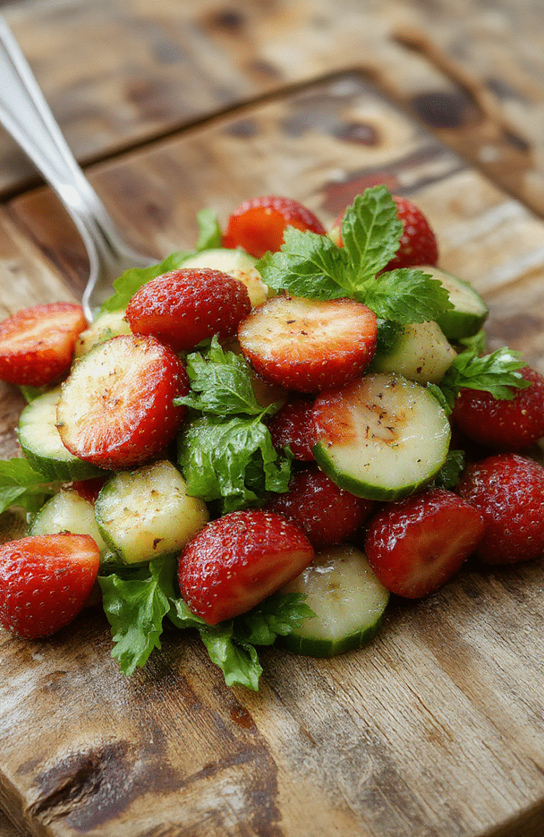 Vibrant cucumber and strawberry salad arranged on a crisp white plate, featuring juicy red strawberries and crisp green cucumber slices, garnished with fresh mint leaves. The salad is lightly dressed with a glistening vinaigrette, showcasing bright colors and fresh textures, styled with a rustic wooden background for a summery vibe.
