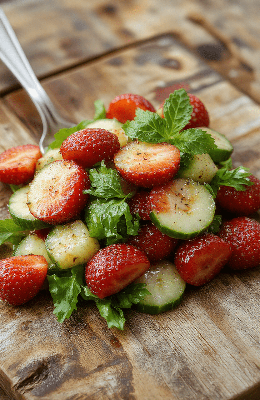 Vibrant cucumber and strawberry salad arranged on a crisp white plate, featuring juicy red strawberries and crisp green cucumber slices, garnished with fresh mint leaves. The salad is lightly dressed with a glistening vinaigrette, showcasing bright colors and fresh textures, styled with a rustic wooden background for a summery vibe.