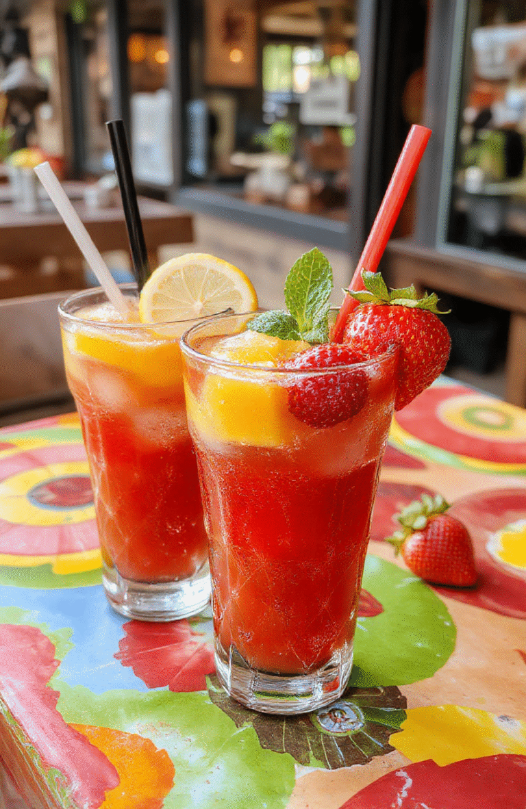 A vibrant glass of frozen mango strawberry lemonade garnished with fresh mint and lemon slices on a colorful background, showcasing a smooth, frosty texture and bright red and orange hues of the fruit, styled casually with condensation on the glass for a refreshing appeal.