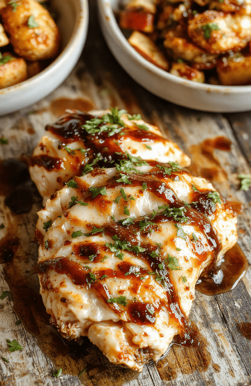 A vibrant plate of baked balsamic chicken glazed with a rich dark sauce, garnished with fresh herbs, served alongside roasted vegetables on a rustic white plate, with a soft-focus background of a cozy kitchen setting