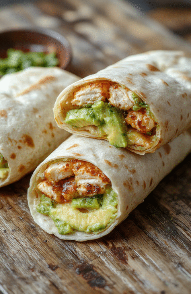 Vibrant chicken avocado wrap sliced open on a rustic wooden board, showcasing fresh green avocado, tender grilled chicken, crunchy lettuce, and creamy sauce, neatly wrapped in a whole wheat tortilla with colorful ingredients peeking out, styled for an inviting, casual meal.