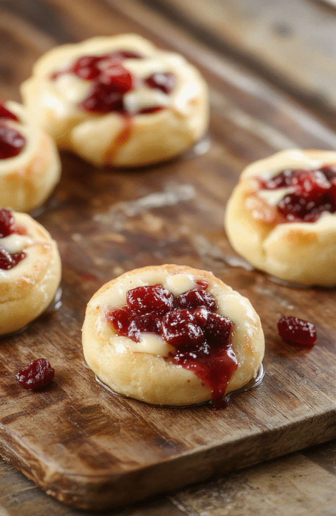 A close-up of golden baked Brie and vibrant red cranberries nestled in flaky pastry cups on a rustic wooden surface, with a sprig of fresh thyme for garnish, showcasing the creamy cheese texture and colorful fruit topping.