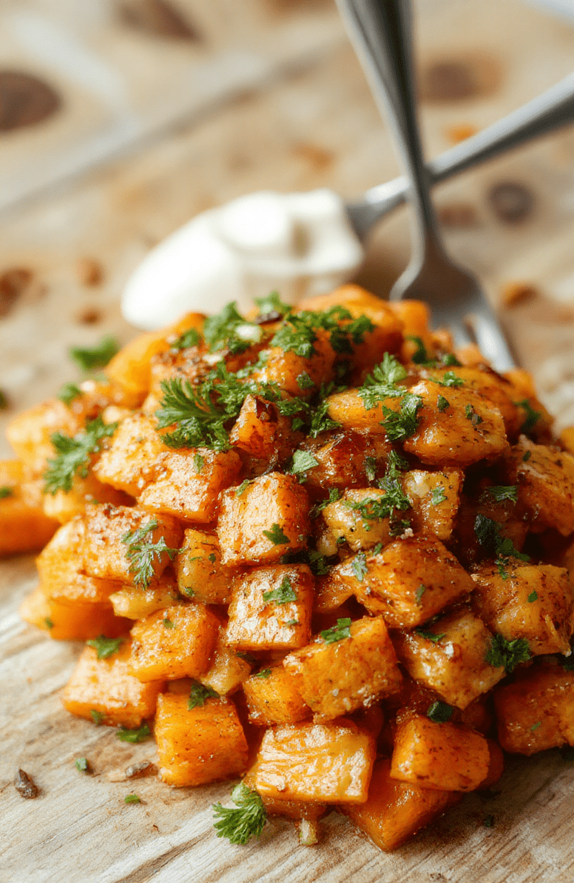 A vibrant plate of smashed carrots with a bright orange color, garnished with fresh herbs, served on a rustic wooden table with a neutral background, showcasing a textured, slightly mashed surface with visible carrot grains, styled simply for an inviting, wholesome presentation.