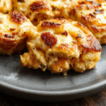 A warm, golden-brown bread pudding served in a rustic white bowl, topped with a dusting of powdered sugar and a drizzle of caramel sauce, surrounded by fresh berries. The dish is plated simply on a wooden table with a cozy, inviting atmosphere, highlighting the soft texture of the pudding and the rich caramel glaze.