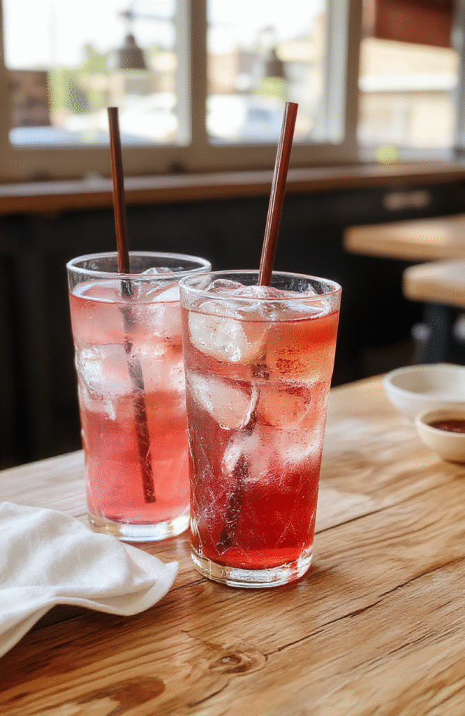 A tall glass of vibrant pink Starbucks-inspired Pink Flamingo Refresher filled with ice cubes, garnished with a fresh lime wedge and a sprig of mint. The drink has a smooth, colorful gradient with visible fruit pieces, sitting on a reflective surface with natural daylight highlighting its bright, refreshing appearance.