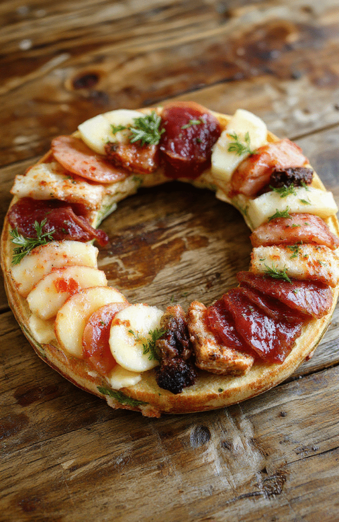 A beautifully arranged charcuterie wreath featuring a circular pattern of assorted cured meats, cheeses, fresh fruits, nuts, and bread slices. The vibrant colors of red and orange from the meats and fruits contrast with the creamy cheeses and rustic wooden serving platter. The presentation is elegant, inviting, and perfect for festive gatherings, with textures ranging from smooth cheeses to crunchy nuts.