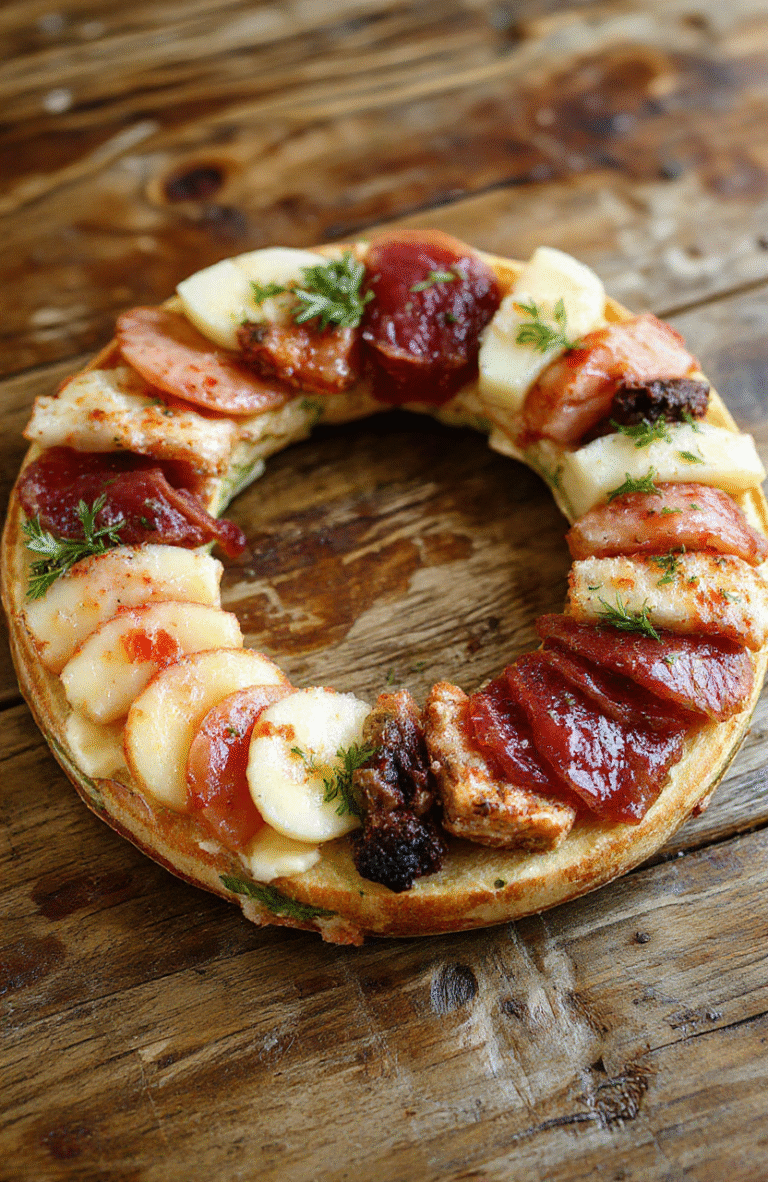 A beautifully arranged charcuterie wreath featuring a circular pattern of assorted cured meats, cheeses, fresh fruits, nuts, and bread slices. The vibrant colors of red and orange from the meats and fruits contrast with the creamy cheeses and rustic wooden serving platter. The presentation is elegant, inviting, and perfect for festive gatherings, with textures ranging from smooth cheeses to crunchy nuts.