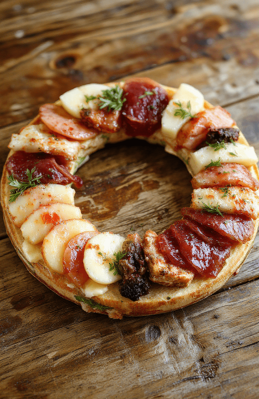 A beautifully arranged charcuterie wreath featuring a circular pattern of assorted cured meats, cheeses, fresh fruits, nuts, and bread slices. The vibrant colors of red and orange from the meats and fruits contrast with the creamy cheeses and rustic wooden serving platter. The presentation is elegant, inviting, and perfect for festive gatherings, with textures ranging from smooth cheeses to crunchy nuts.
