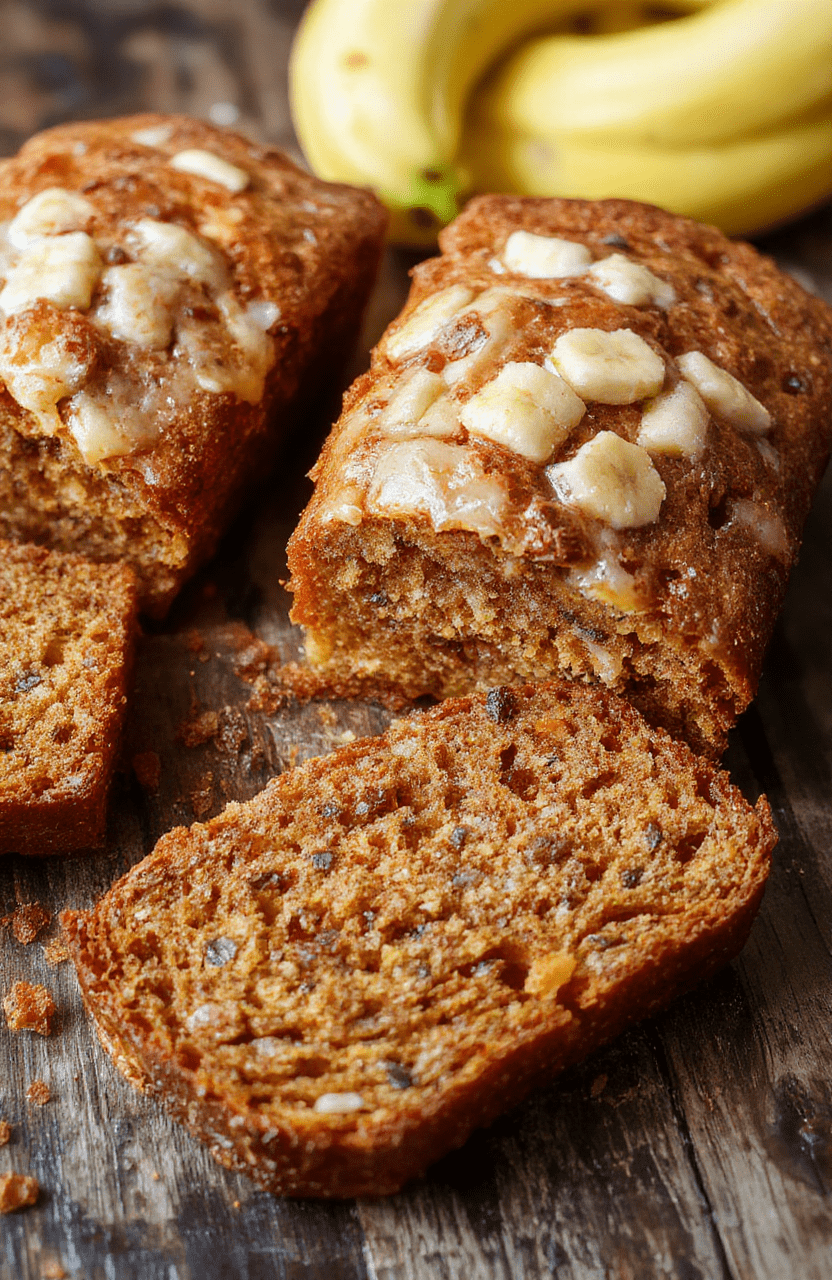 A golden-brown carrot cake banana bread sliced to reveal its moist interior with orange shreds of carrots and bananas. The bread is topped with walnut pieces and a light drizzle of glaze, plated on a rustic wooden board with soft natural lighting highlighting its textures and inviting appearance.