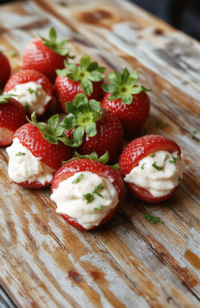 Bright red strawberries halved and topped with creamy white filling, elegantly arranged on a white plate. The filling is smooth and glossy with a slight sheen, garnished with tiny sprinkles of colorful sugar crystals, creating a vibrant contrast. The background is softly blurred, emphasizing the fresh, juicy texture of the strawberries with a festive and inviting presentation.