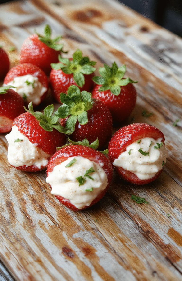Bright red strawberries halved and topped with creamy white filling, elegantly arranged on a white plate. The filling is smooth and glossy with a slight sheen, garnished with tiny sprinkles of colorful sugar crystals, creating a vibrant contrast. The background is softly blurred, emphasizing the fresh, juicy texture of the strawberries with a festive and inviting presentation.