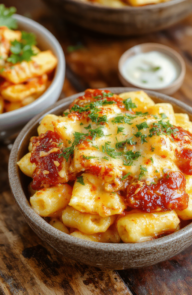 A vibrant plate of BBQ chicken mac and cheese featuring golden baked pasta topped with shredded barbecue chicken, melted cheese, and fresh herbs. The dish is served in a rustic white bowl on a wooden table, with steam rising, highlighting the creamy texture and smoky flavors, garnished with green onions for color.