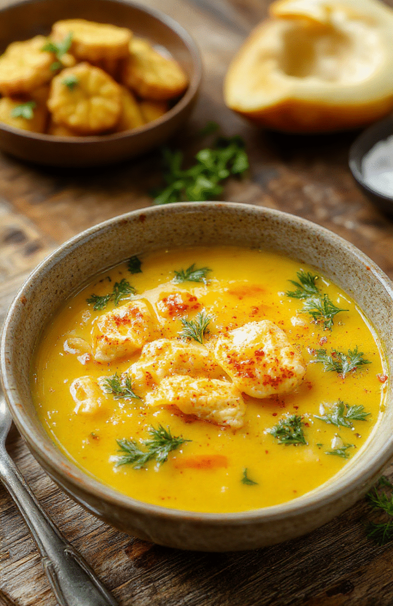 A vibrant bowl of turmeric chicken soup featuring golden-yellow broth, tender shredded chicken, chopped vegetables, garnished with fresh herbs, served in a rustic white bowl on a wooden table with a cozy kitchen background.