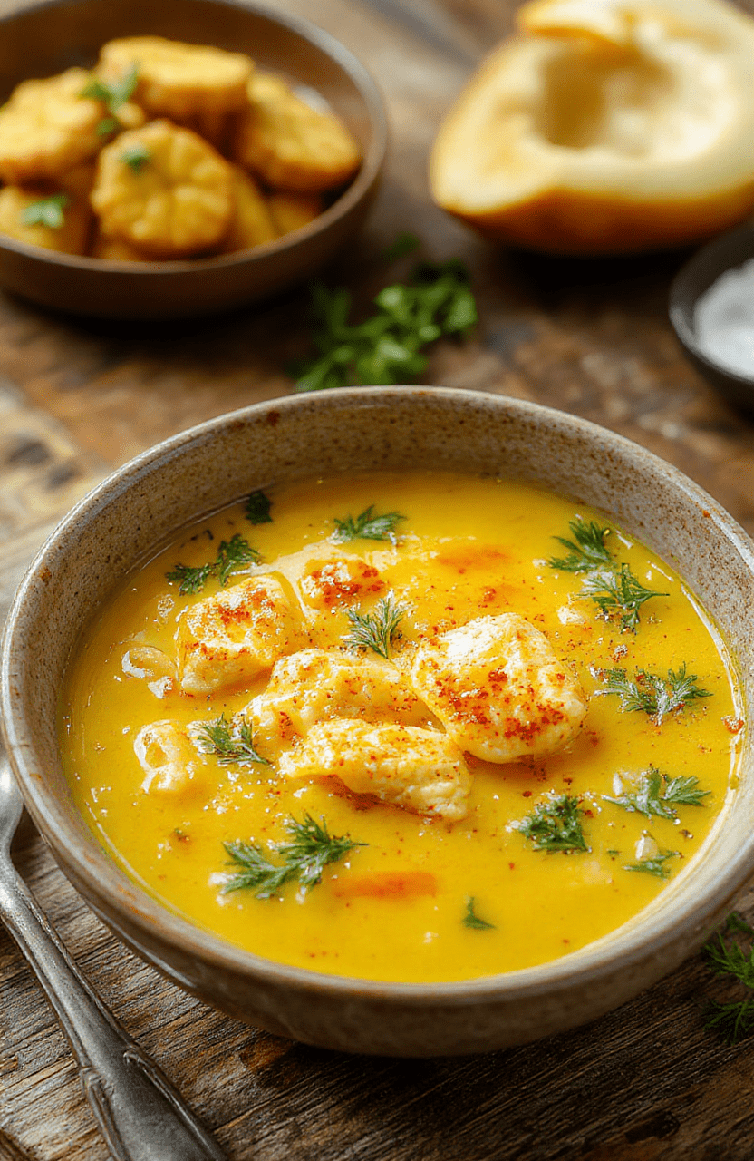 A vibrant bowl of turmeric chicken soup featuring golden-yellow broth, tender shredded chicken, chopped vegetables, garnished with fresh herbs, served in a rustic white bowl on a wooden table with a cozy kitchen background.